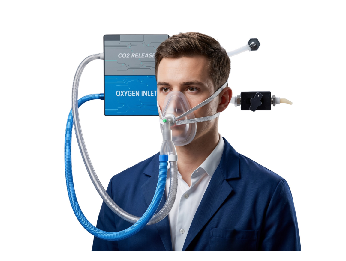 Lightweight high-flow BIBS oxygen delivery system with facemask and oxygen inlet and release modules